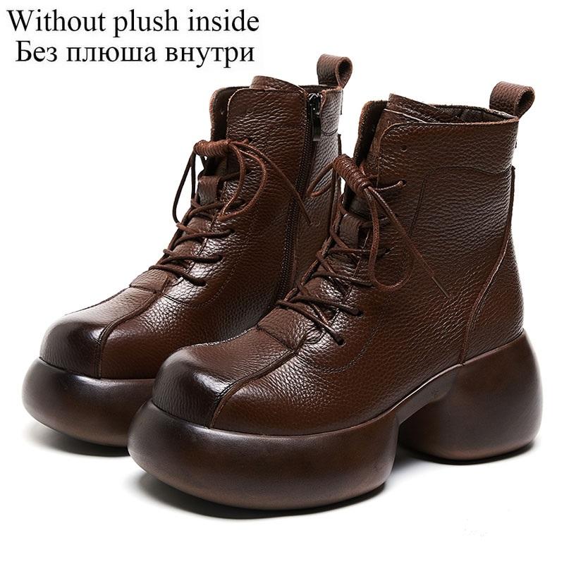 Fashion GKTINOO Women Genuine Leather Thick High Heel Ankle Boots Genuine Leather Handmade Retro Platform Thick Plush Warm Casual Boots