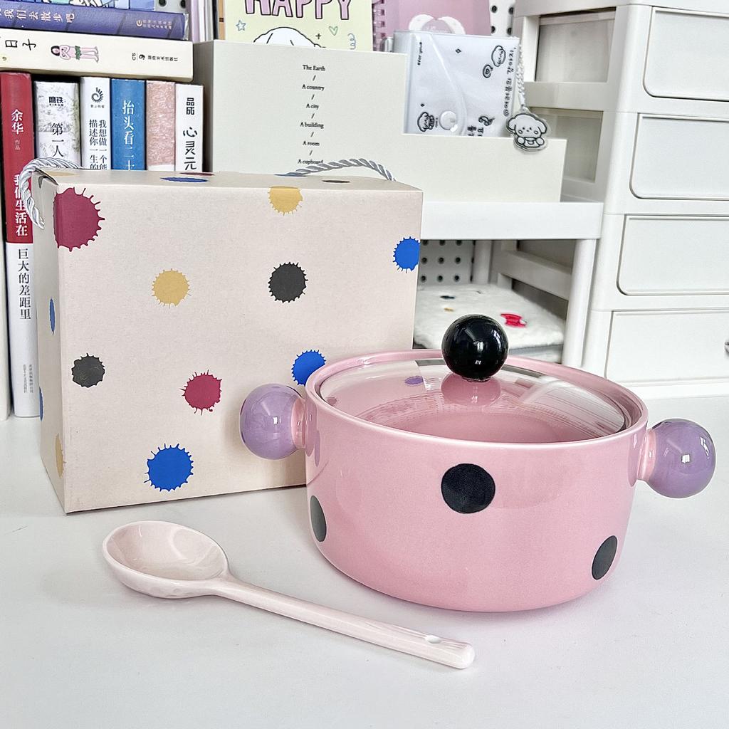 Give Girls Birthday Gifts, Cute Contrasting Colors, Polka Dots, Ceramic Instant Noodles Bowl with Lid, Girlfriend Practical Souvenir Gift Box.