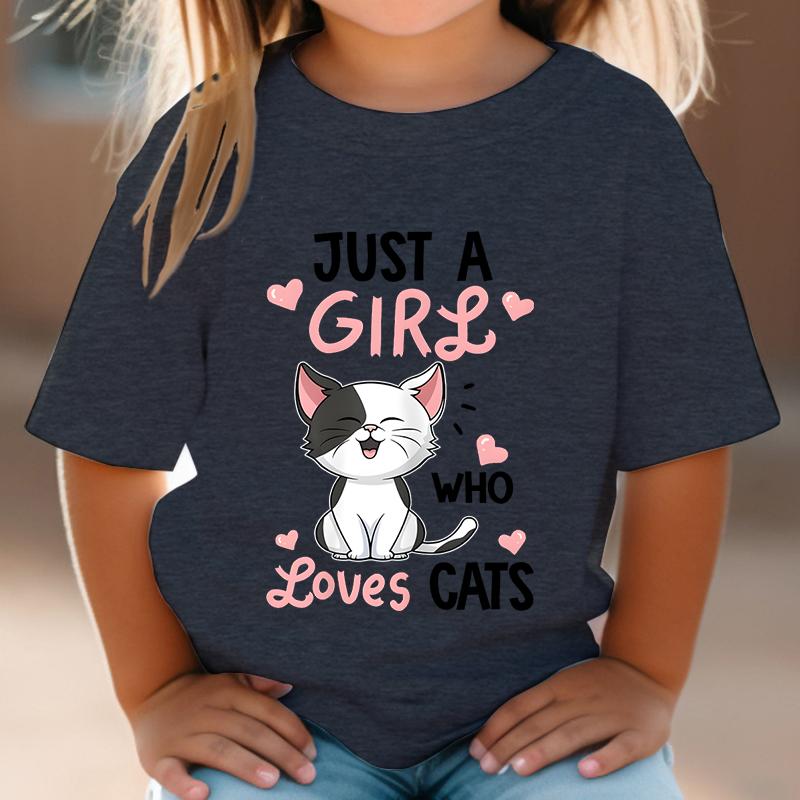 Summer Round Neck 3D Printed Top Cute Cat Lover Streetwear Fashionable Casual Short Sleeved Children's Girl T-shirts