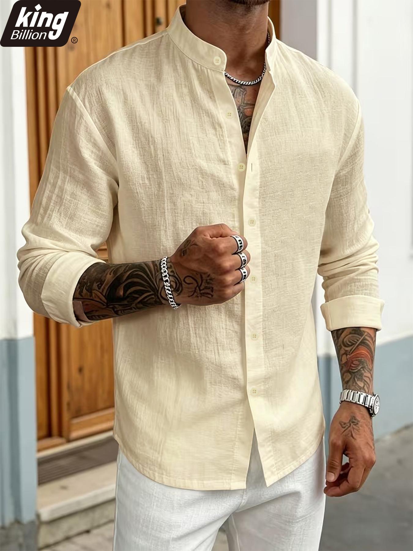 

Men s White Linen Mandarin Collar Shirt - Long Sleeve Button Up Casual Breathable Summer Beach Vacation Loose Top S бежевый