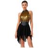 Womens Lyrical Dance Dress Ruched Metallic Mesh Rhinestone Irregular Hem Sleeveless Built-in Briefs Leotard Dress