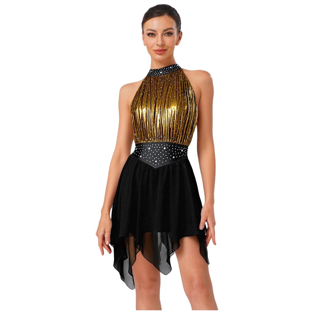 Womens Lyrical Dance Dress Ruched Metallic Mesh Rhinestone Irregular Hem Sleeveless Built-in Briefs Leotard Dress