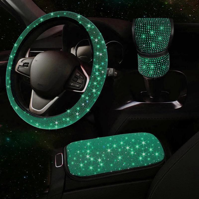 3Pcs Car Accessories Set for Women Steering Wheel Cover Gear Shift Cover Armrest Pad Mat Bling Auto Diamond Decortion Styling