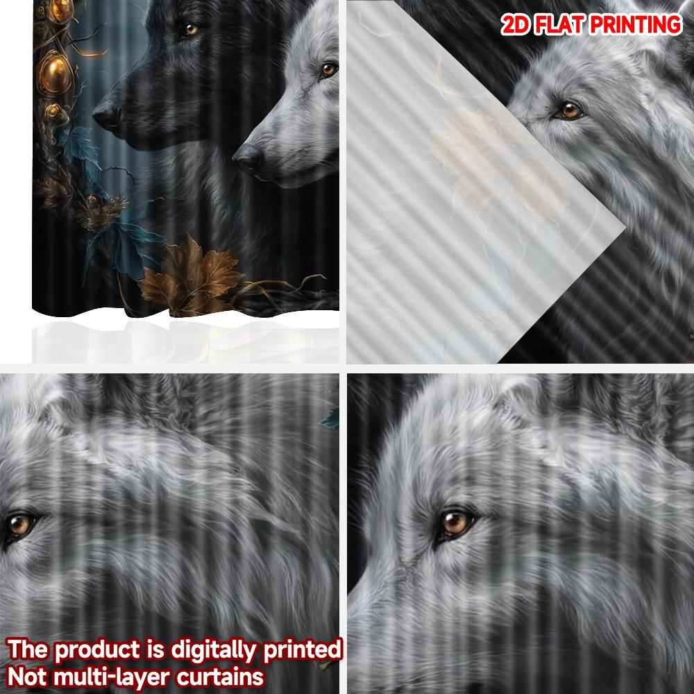 Set Of 2 Mystical Wolf Curtains Flat Digital Print Black White Vines Epic Animal Design Living Room Curtain Polyester Ideal For Area