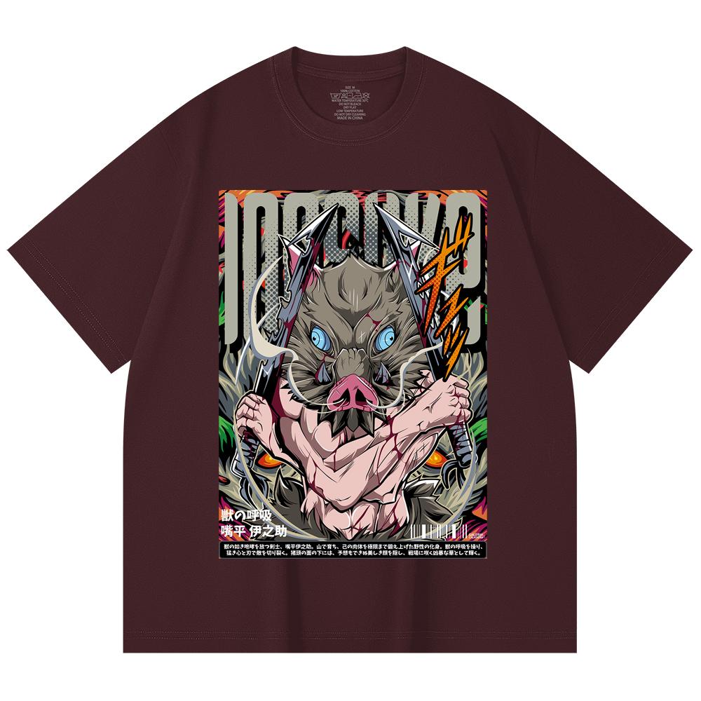 

230 Gsm 100% Cotton Demon Slayer V96 Inosuke Print Unisex Heavy Cotton T Shirt 2XL вина червоного кольору