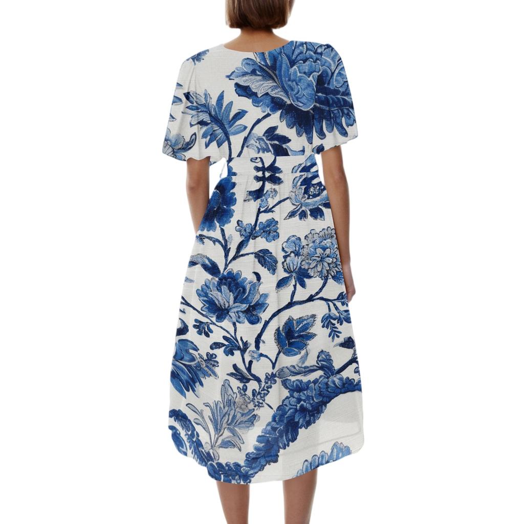 Women's Casual V Neck Short Sleeve Floral Print Midi Dress Wrap Style Lightweight Summer Dress with Tie Waist
