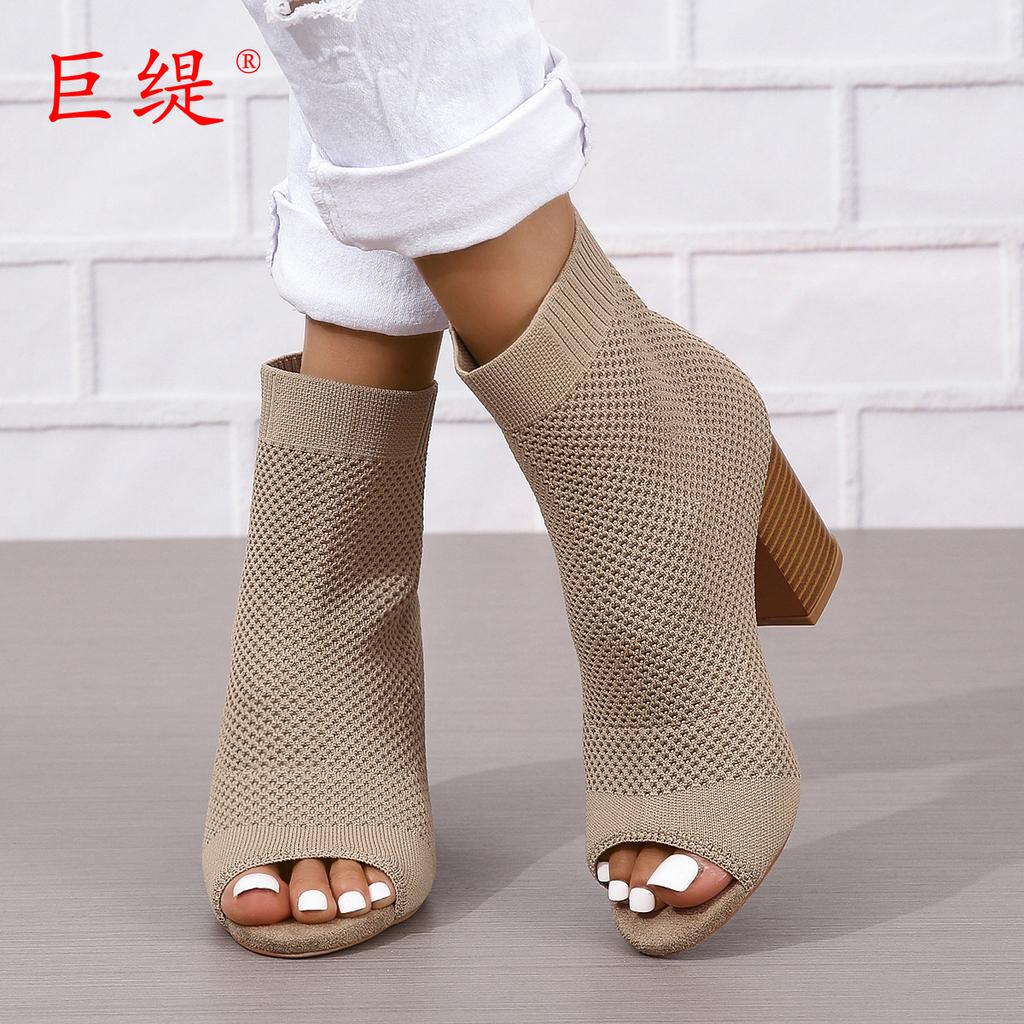 New Fish Mouth Fashion Large Size High-heeled Women's Shoes Knitted One-pedal Women's Sandals