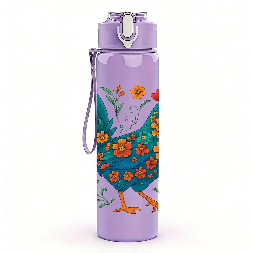1PC Folk Colorful Rooster Print 750ml Color Plastic Sports Water Bottle Leakproof Flip Straw Lid Suitable for Sports Office Home Use