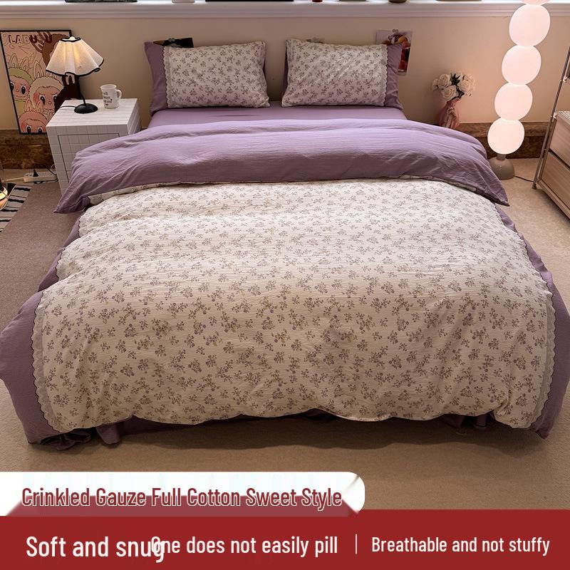 Korean Soft Crinkled Gauze Lace 4-Piece Bedding Set