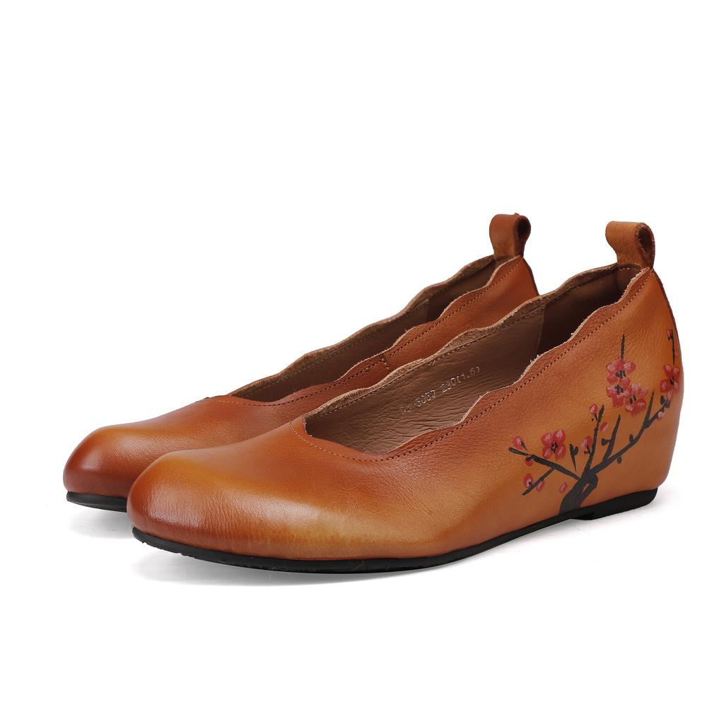 Johnature Retro Ethnischer Stil Höhensteigernde Schuhe Echtes Leder Handgefertigt Runde Zehenkeilabsatzschuhe