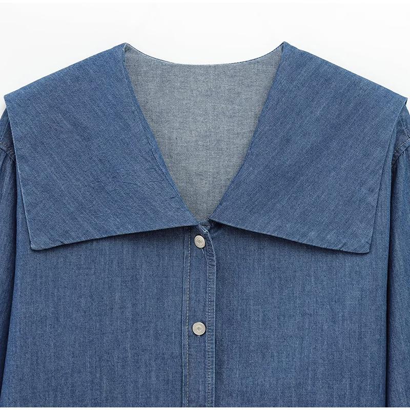 Casual Denim Solid Color Shirt Women Long Sleeve Peter Pan Collar Button Shirts Lady 2025 Spring Summer Loose Single Breasted Outwear