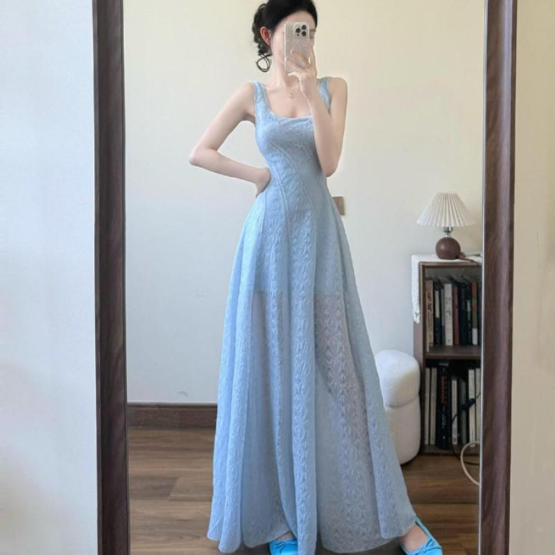 Square Collar Blue Gentle Wind Suspender Dress Female Seaside Vacation Temperament Slim Small Medium Long Skirt Small