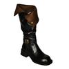 Cowhide version~ retro western cowboy boots women's round head metal buckle two wear lapel folds thin thick heel knight boots