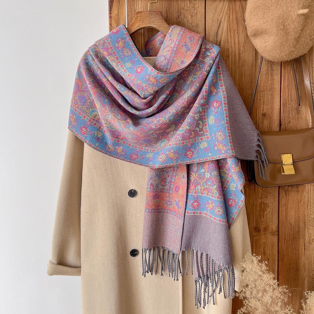 versatile retro flower pattern Hong Kong style imitation cashmere women's warm scarf fashion long beard fringed shawl