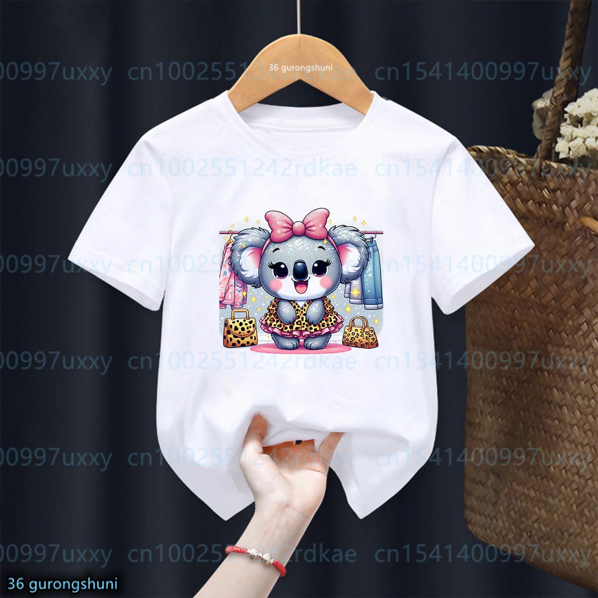 Mode Nouveau T-shirt Fille Mignon Koala Aquarelle Imprimé Animal T-shirt Bambin Mode Mignon T-shirt Bébé Été Enfant Haut à Manches Courtes 160 white