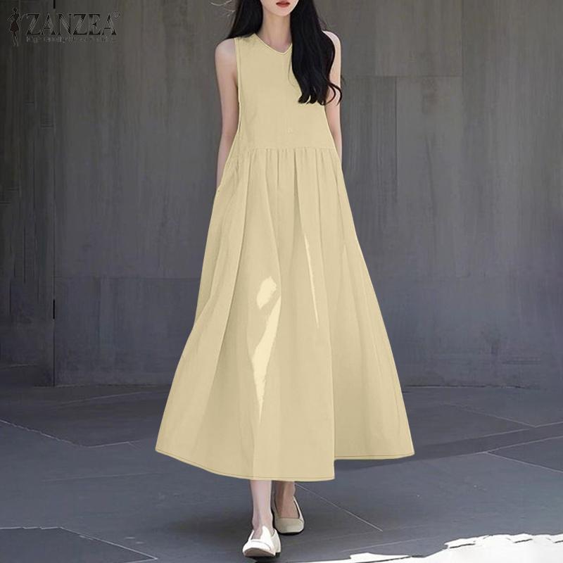 ZANZEA Dámské letní kulatý výstřih volné ležérní bez rukávů šaty