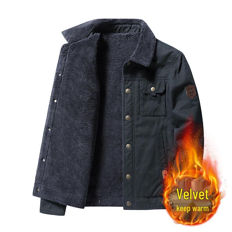 2025 Men's Washed Cotton Velvet-Enhanced Lapel Jacket - Warm Autumn/Winter Casual Outerwear