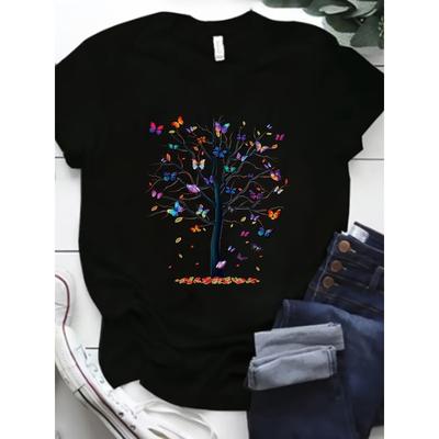 Butterfly Tree Print T-Shirt, Short Sleeve Casual Top for Summer & Spring, Women's Clothing European Size