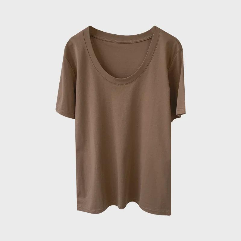 Women's Coffee-Colored U-Neck Short-Sleeve Slim Fit T-Shirt