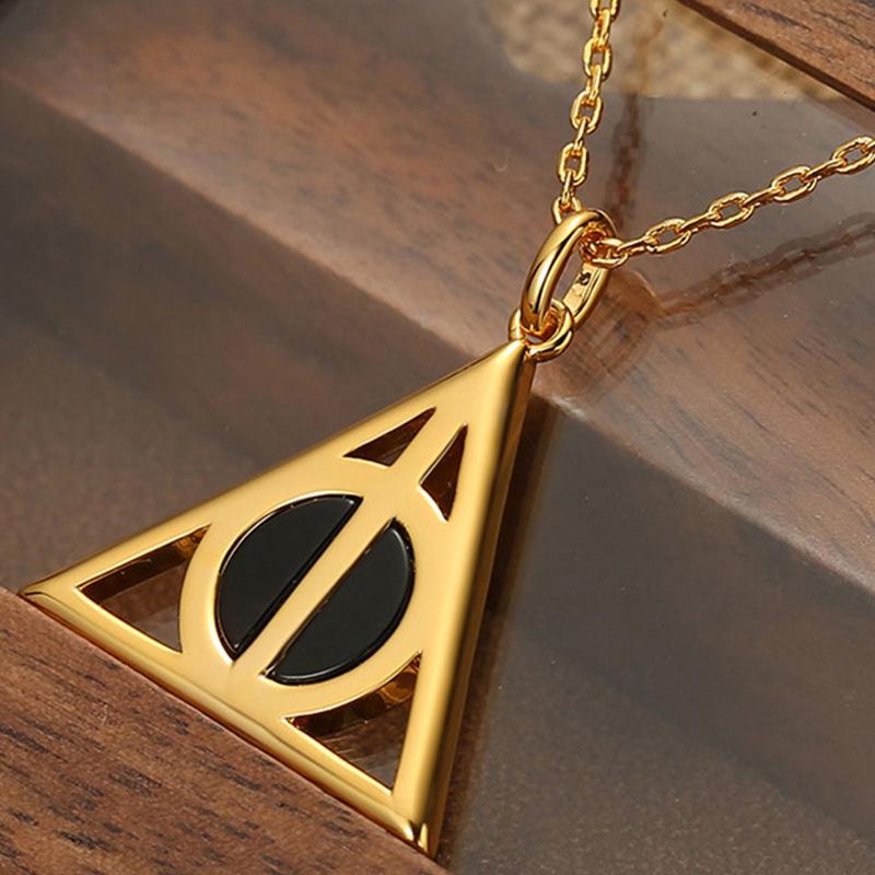 Harry Potter Deathly Hallows Necklace: 18K Gold-Plated Copper with Black Onyx Pendant - Film & TV Inspired Gift.