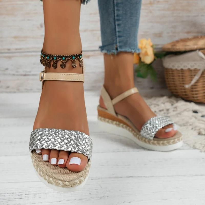 Fashion Weaving Platform Women's Sandals 2024 Ankle Buckle Med Heels Beach Sandalias Mujer Plus Size 43 Open Toe Med Heel Summer Shoes