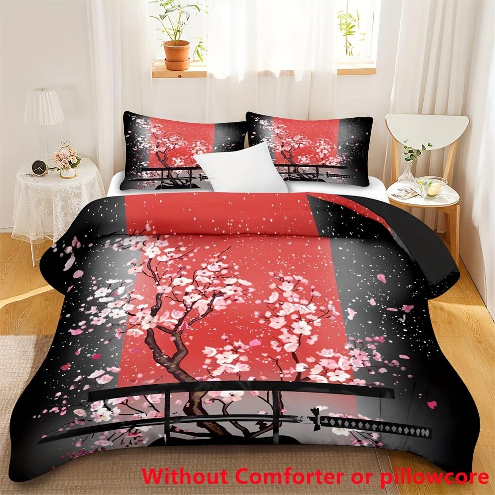 2/3pcs Japanese Black White Ink Style Samurai Sword Red Sakura 3D Print Duvet Cover Set 1 Duvet Cover 1/ 2 Pillowcase