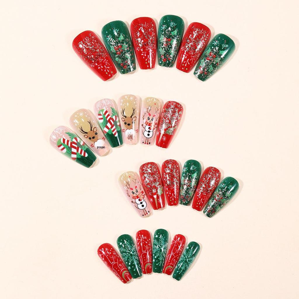 Medium Christmas Square Nail Tips: Santa Claus & Snowflake Design