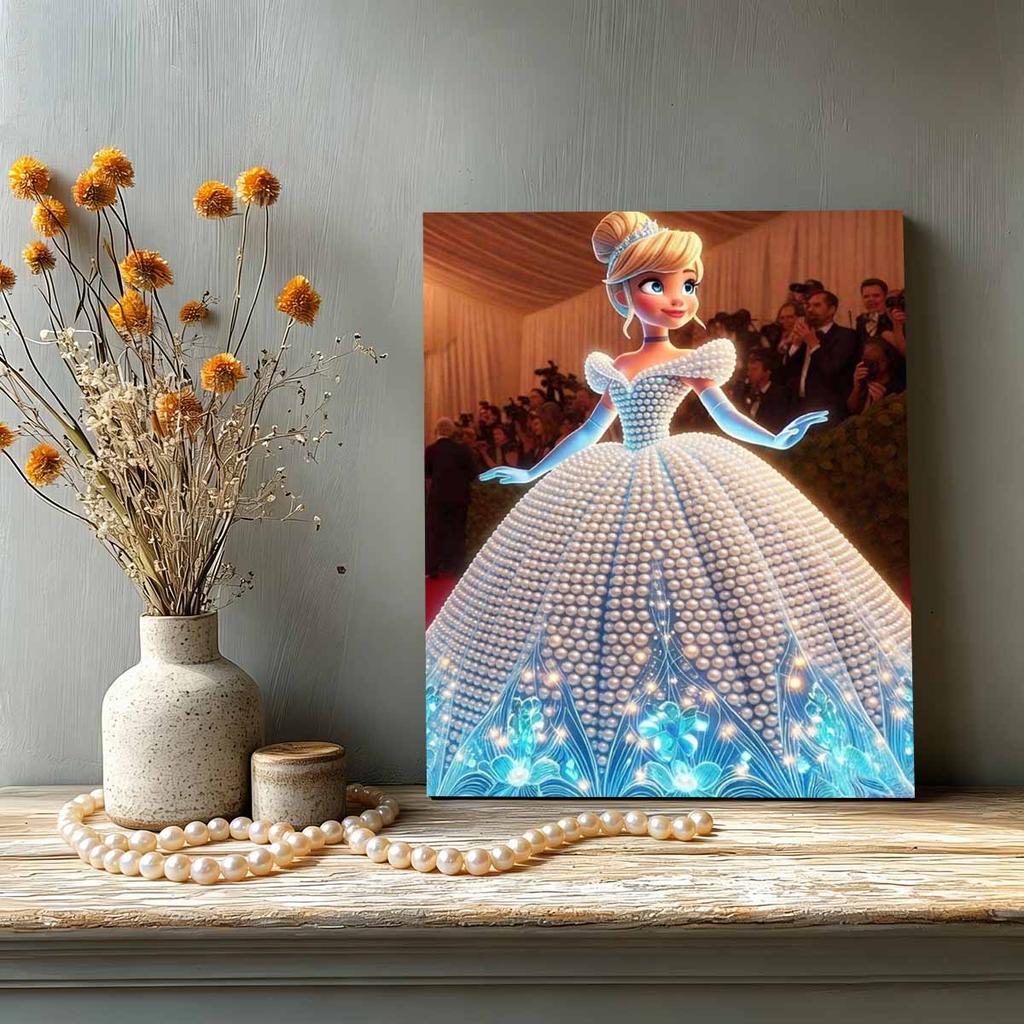 Red Carpet Gala Cinderella Pearl-Inlaid Frameless Art | Handmade Pearl Craft, Red Carpet Gala Theme, for Luxury Glam Home Decor & Gift Option