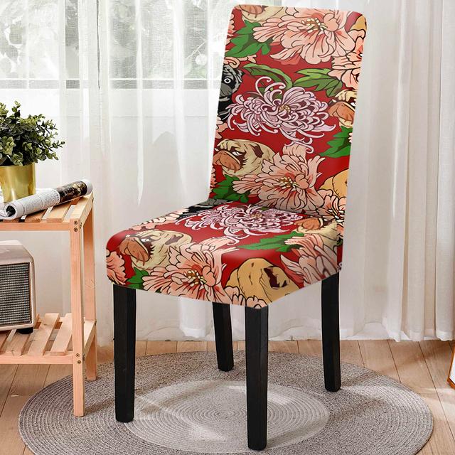 Stuhlhusse für Esszimmerstühle mit niedlichem Tier-/Hunde-Print, dehnbar, elastischer Stuhlbezug mit Blumenmuster, Sitzbezug für Küchenhocker, Heim- und Bankettdekor