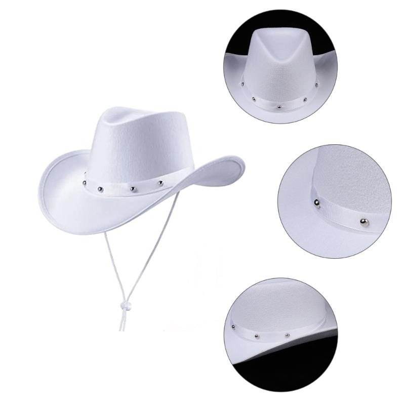 Western Style Cowboy Hat One Size White Cowgirl Hats with Studs Unisex Costume Top Hats Fedora Hat Halloween Props Caps