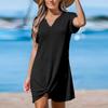 Modisches Damen-Farb-V-Ausschnitt-Locker-Taschen-Pulloverkleid