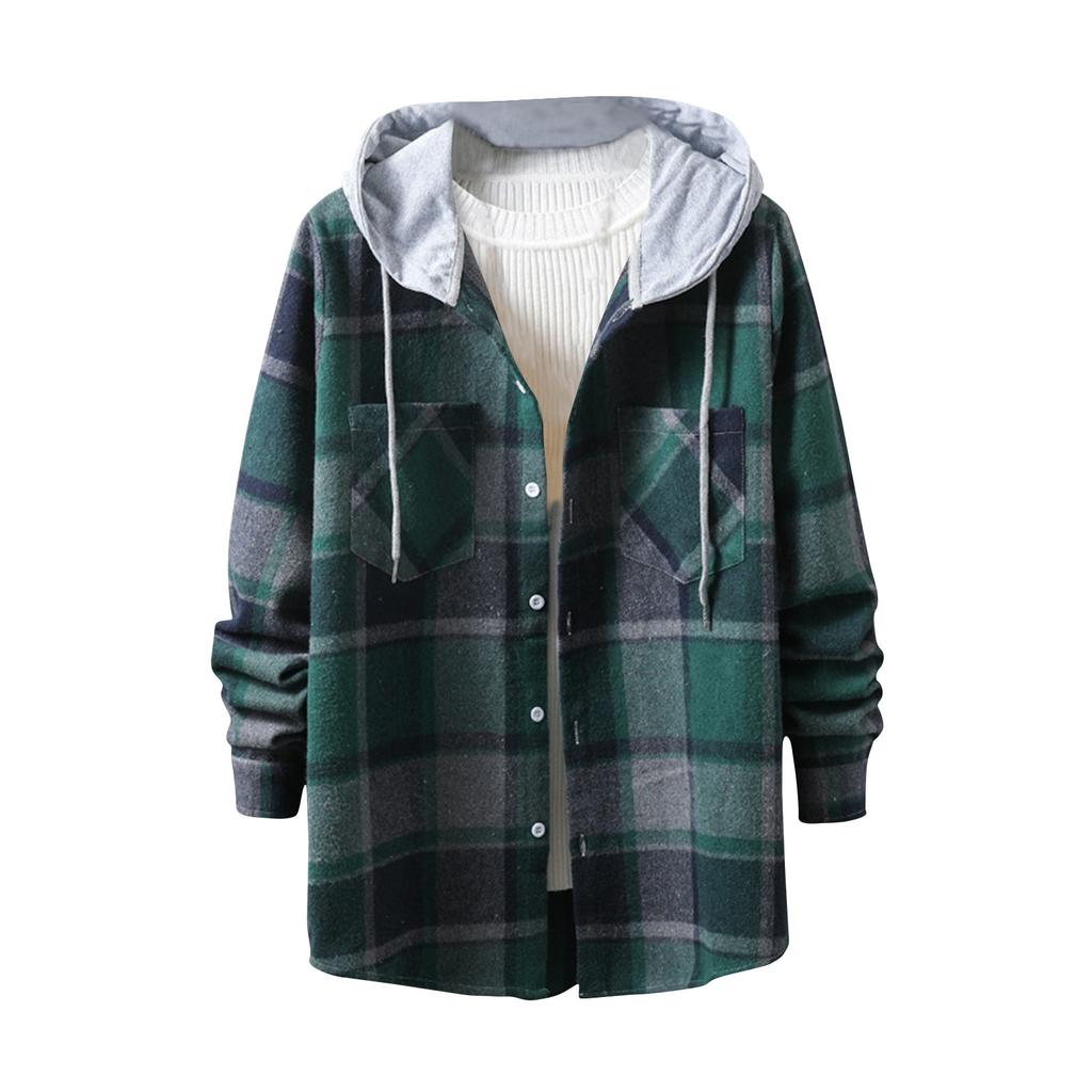 Men's Plaid Shirt Hooded Button Sweatshirt Men's Casual Fashion Sweatshirt