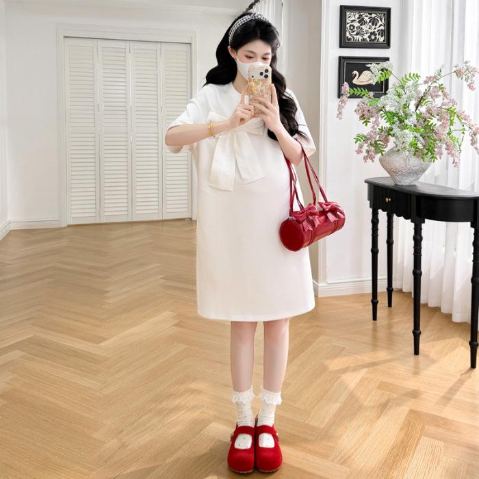 

2026 Korean Style Maternity Dress: Summer Bow Knot T-shirt, Loose Fit, Age-Reducing, Belly Covering Fashion. XXL белый