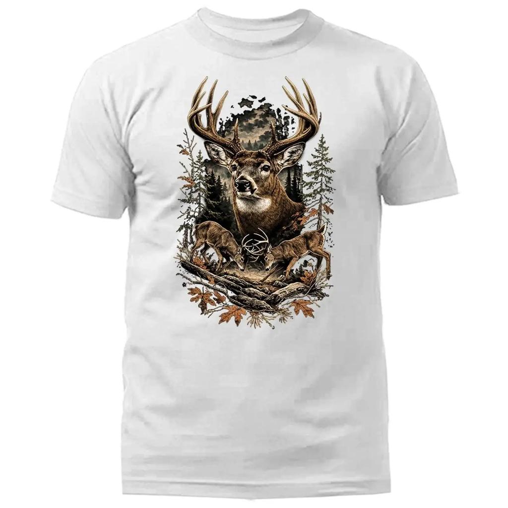 Buck Forest Scene Fighting Deer Whitetail Wilderness T Shirt Vintage Soft Breathable Casual Top For Everyday Wear