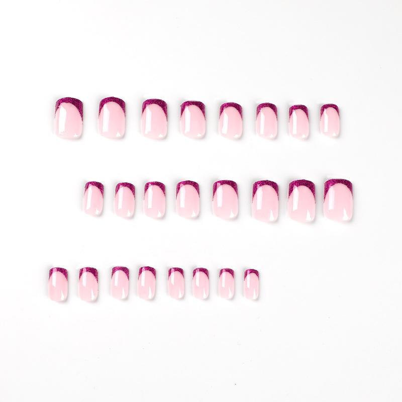 24Pcs/Set Quick Nails Glitter Purple French False Nials Sticker Wearable Waterproof Manicure Finished Nails
