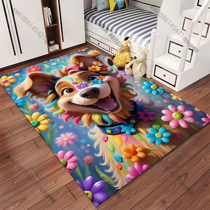 Joyful Colorful Dog with Flowers Carpet Yoga Living Room Room Decor Children's Crawling Mat Doormat Area Rug Games Mat