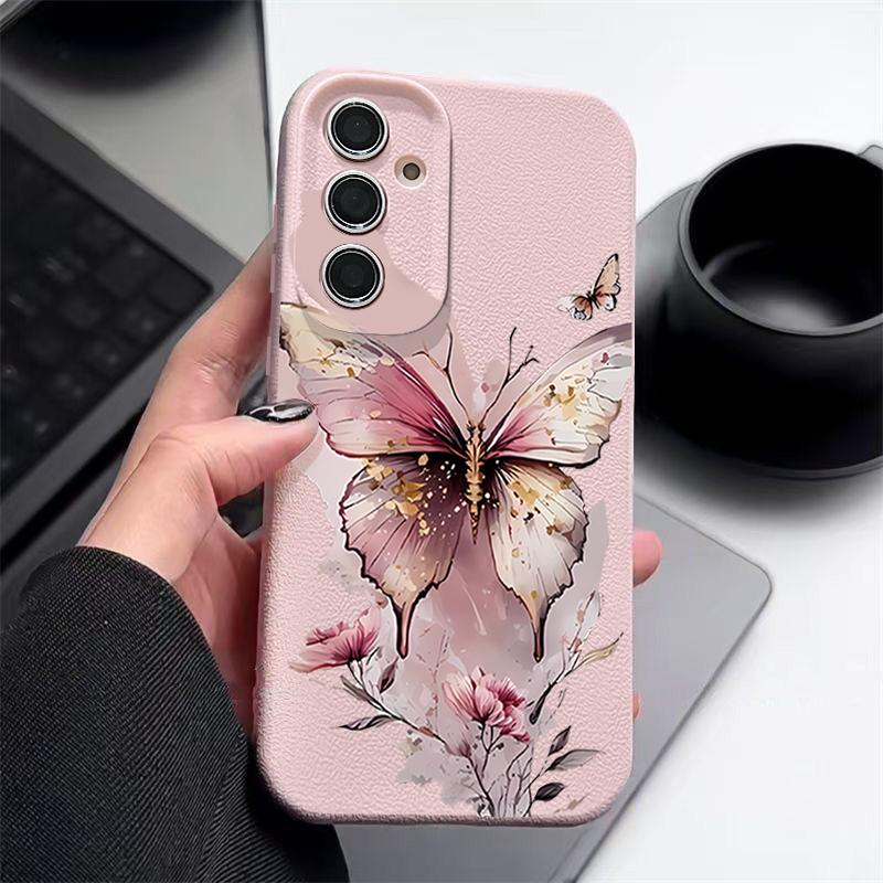 Pink Butterfly Watercolor Pattern Case For Samsung Galaxy A57 A56 A55 A54 5G A37 A36 A35 A34 A26 A25 A17 A16 A15 A14 Leather Texture Silicone Cover