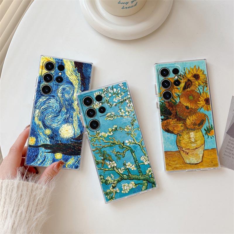Van Gogh Almond Blossoms Sunflower Starry Phone Case For Samsung Galaxy S25 S24 S23 S21 Ultra S20 FE S22 Plus A55 5G Clear Cover