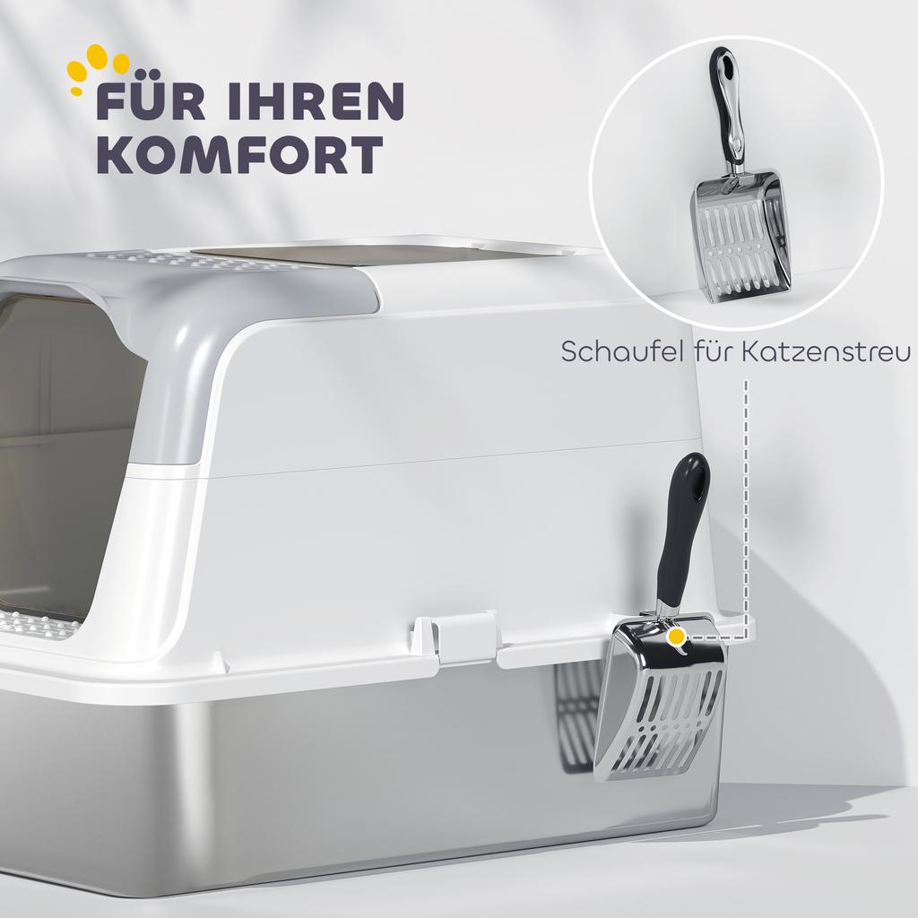 Extra Large Stainless Steel Litter Box, Enclosed Cat Litter Tray with Scoop, Deodorizer Bag, Front-Entry and Top-Exit