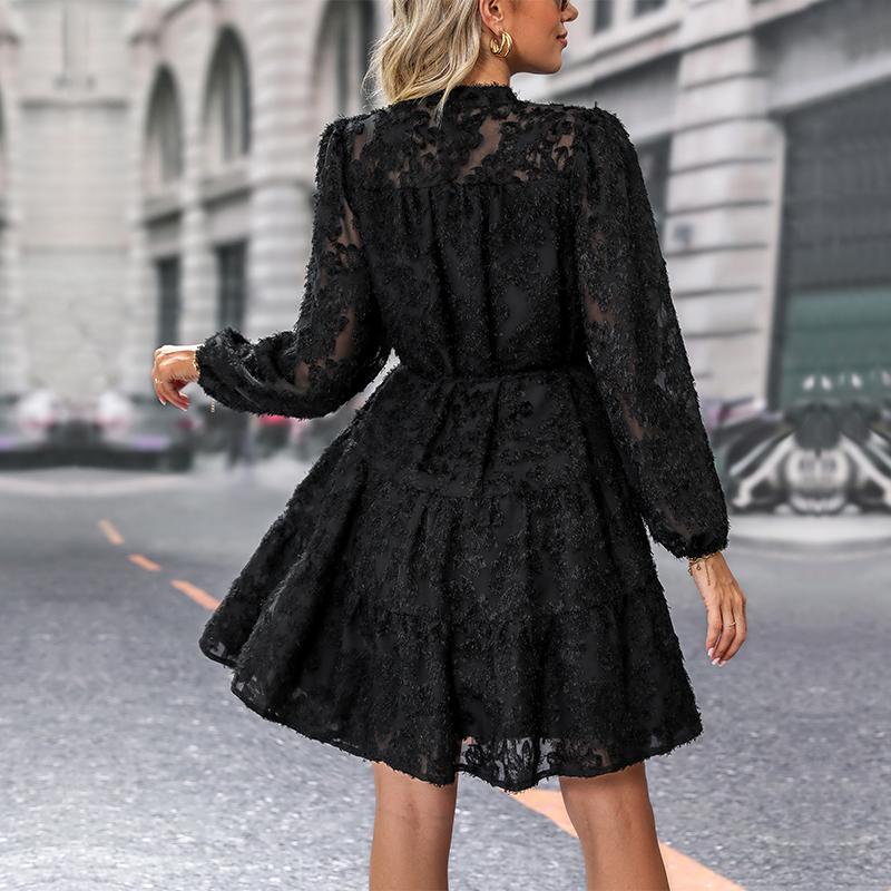 Abito da donna autunno inverno a maniche lunghe con stampa elegante scollo a V a vita media di media lunghezza
