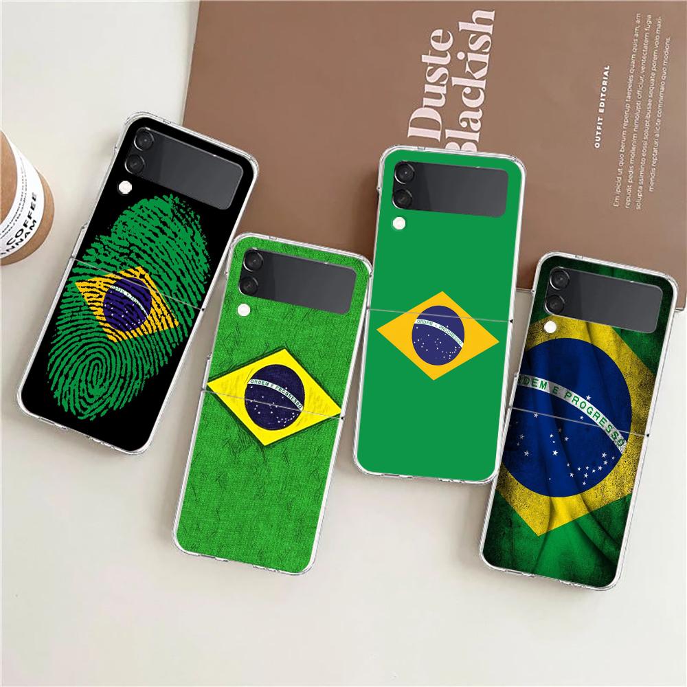 Transparent Phone Case For Samsung Galaxy Z Flip 3 4 5 6 7 Hard Folding PC Z Flip3 Flip4 Cover Large Brazil Flag