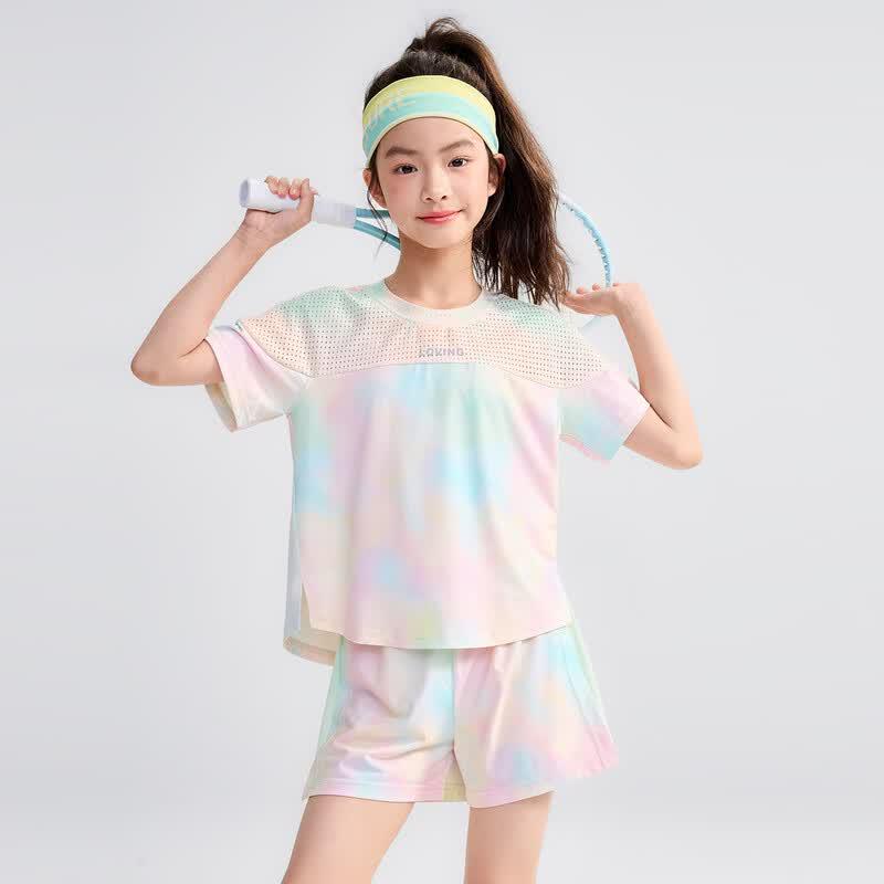 Girls' Sporty Gradient Mesh Short Sleeve & Shorts Set