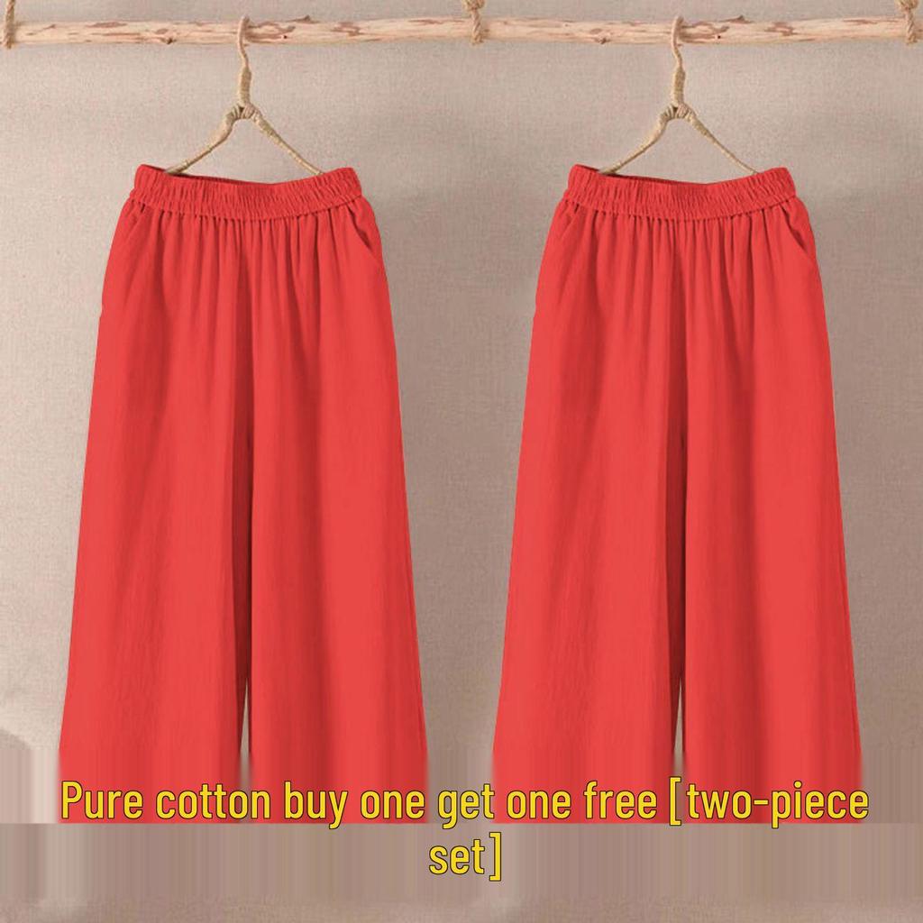 Women's Summer Cotton Linen Wide-Leg Pants: Korean Style, Loose Fit, Plus Size, Versatile Seven-Point Casual Wear.