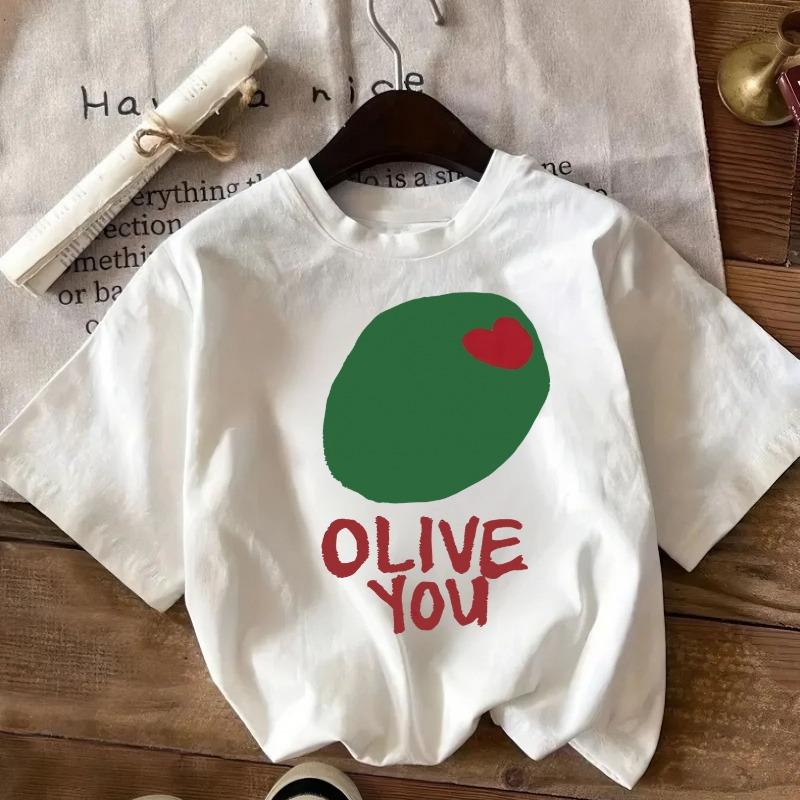 Girls  OLIVE YOU  Cute Olive Print Crewneck Short Sleeve Tee, Versatile Casual Top for All Seasons 110 белый
