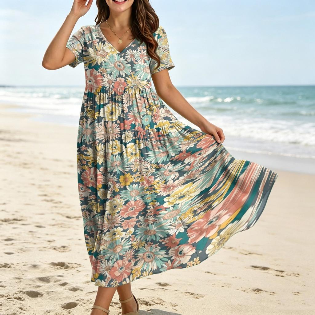 Women Casual Loose Bohemian Floral Dress Krótki rękaw Długa Maxi Summer Beach Swing Dress