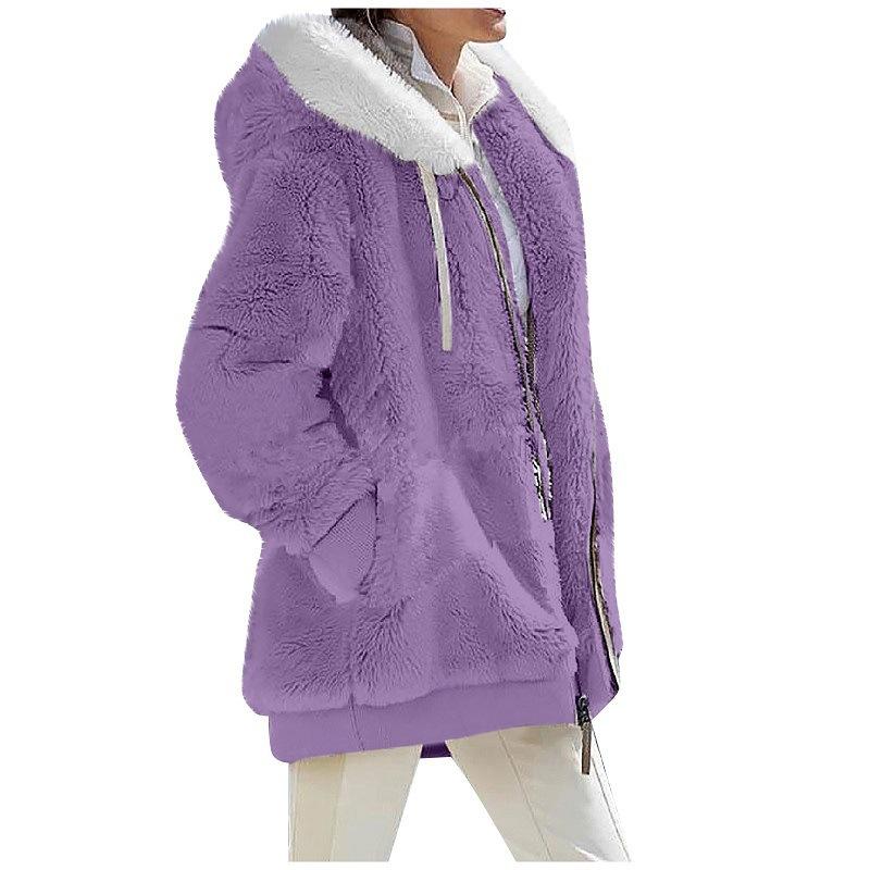 Cross-border Amazon explosion Europe, America 2024 autumn and winter loose plush long-sleeved zipper pocket hooded warm jacket women