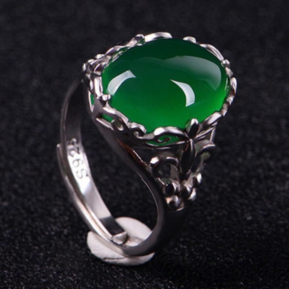 Green Agate Crystal Ring for Women Vintage Gemstone Adjustable Open Finger Ring Elegant Jewelry Adjustable