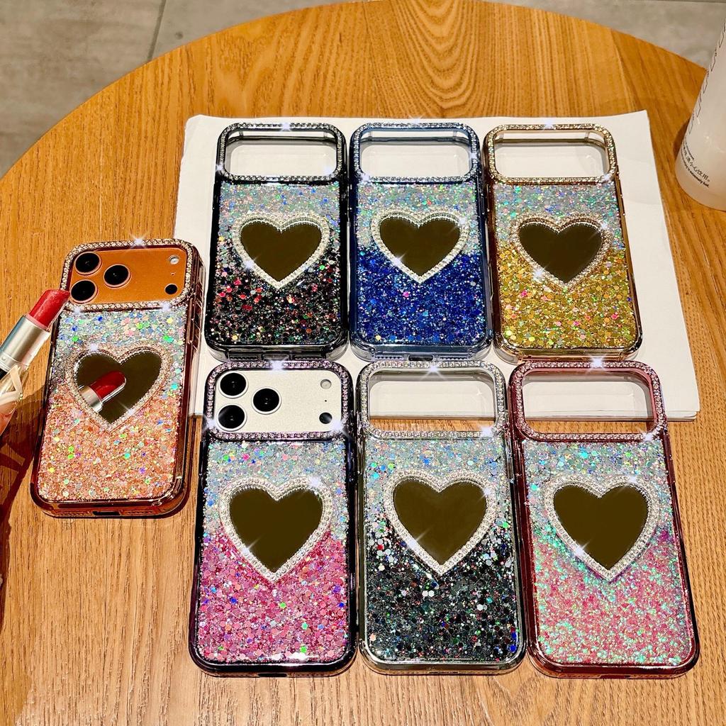 Glitter Epoxy Heart Mirror Rhinestone Case for iPhone 15/16/17 Pro Max