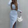 Women's Solid Color Knit Long-Sleeve Top & Midi Slit Wrap Skirt Set
