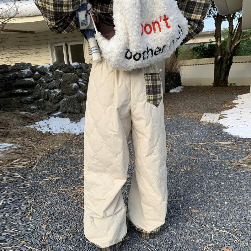 Retro American Winter Plaid-Patchwork Wide-Leg Relaxed Ski Pants - Insulated Casual Cargo Snow Trousers for Cold Weather